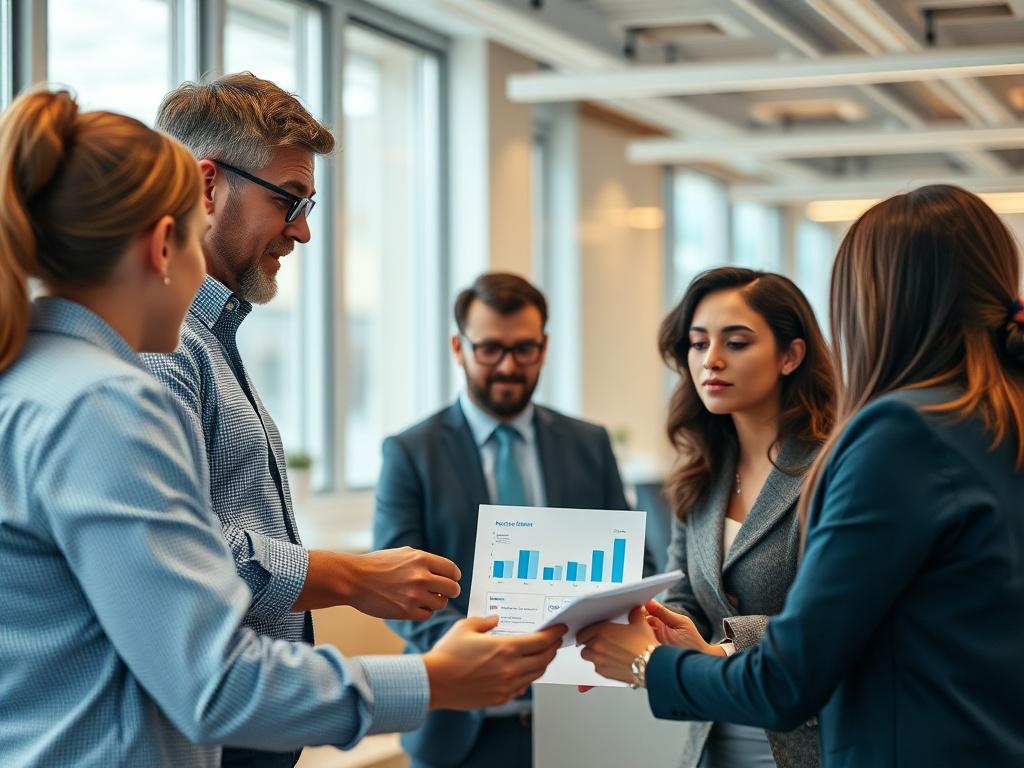 A high-resolution close-up shot of a leader mentoring a small group of employees in a bright, modern office setting. The focus is on the leader engaging with team members, utilizing visual aids like charts and graphs. The image should embody a sense of guidance, learning, and collaboration, with rich colors that harmonize with RGB(50, 170, 39) primary color.