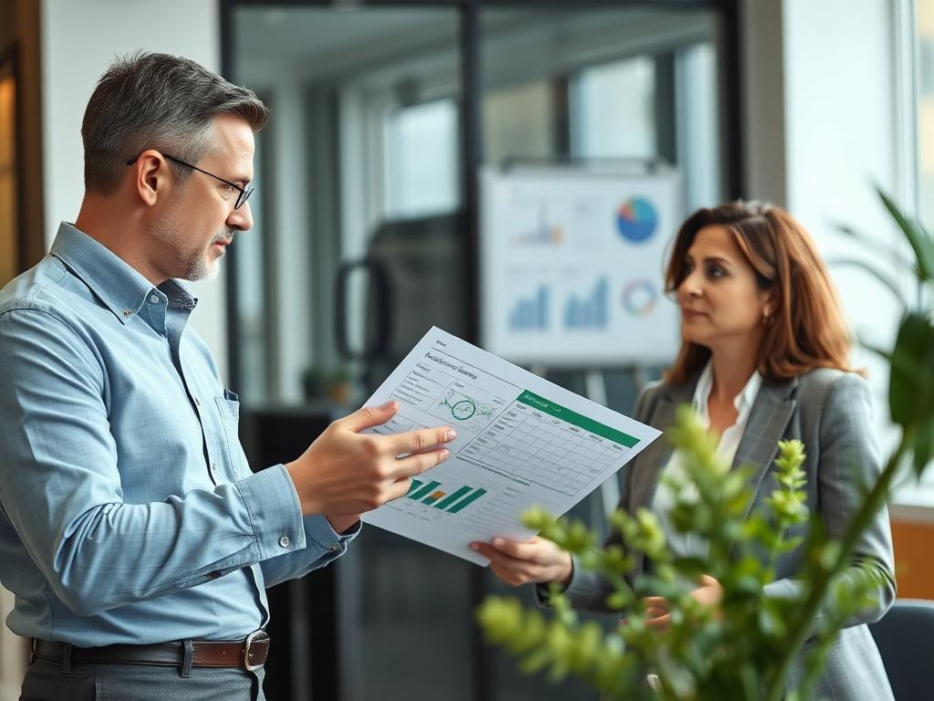 A high-resolution close-up shot of a consultant presenting findings to a client in a professional office environment. The focus is on the consultant using visuals to convey ideas, with an engaged client listening attentively. The background should be contemporary and stylish, enhancing the professional atmosphere while incorporating colors that align with the RGB(50, 170, 39) primary color.