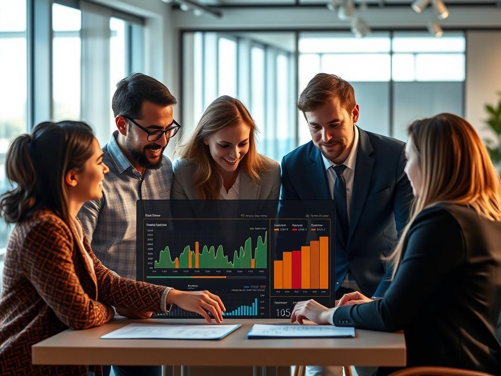 A high-resolution close-up shot of a team collaborating around a digital dashboard with analytics and data visualization. The focus is on a diverse group of professionals engaged in discussion, with a modern office background. The image should convey a sense of teamwork and innovation, with vibrant colors that complement the RGB(50, 170, 39) primary color.
