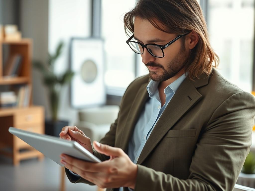 A hyper-realistic close-up shot of a professional consultant in a business setting, analyzing a flowchart on a digital tablet. The consultant is focused and engaged, with a backdrop of an office environment featuring modern decor. The lighting is bright yet soft, emphasizing the consultant's expression of determination and insight. The color scheme includes shades of green, harmonizing with the primary color rgb(50, 170, 39).