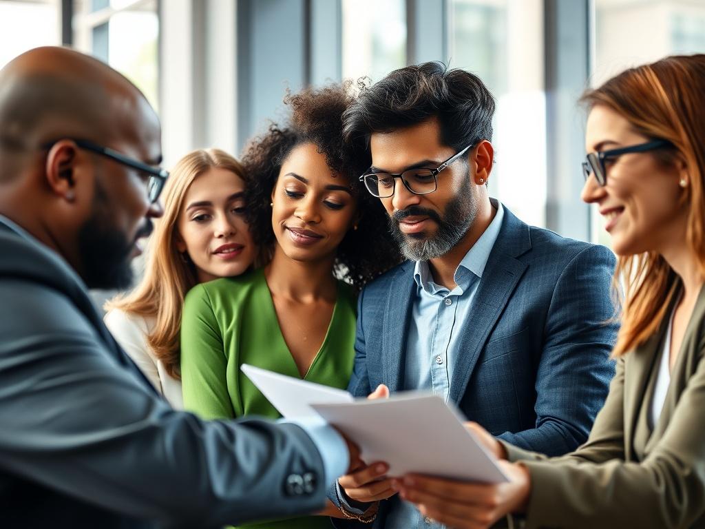 A close up shot of a diverse group of business