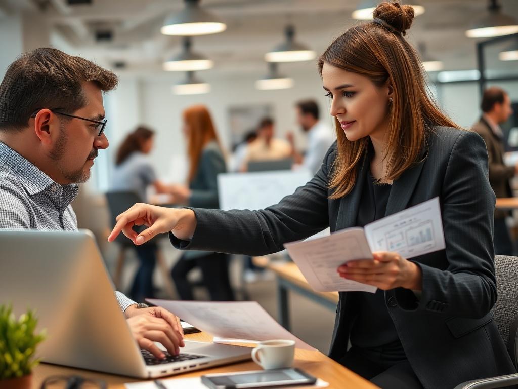 An operations coach working one-on-one with a manager in a busy office environment. The coach, a knowledgeable man, points at a flowchart on a laptop, explaining operational strategies. The manager, a focused woman, takes notes, engaged in the discussion. The office is modern, with team members collaborating in the background. The image captures the essence of mentorship and strategic thinking, shot with a 45mm f/1.2 lens.