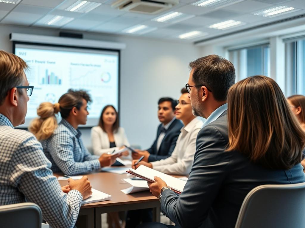 A focused training session with a diverse group of professionals engaged in a Lean Six Sigma workshop. The environment is bright and modern, with a projector displaying charts and graphs. The trainer, a confident middle-aged person, stands at the front, guiding participants through a discussion. Participants take notes and discuss in pairs, showing collaboration. The image captures the essence of focused learning and teamwork, with realistic lighting and clear facial expressions, shot with a 45mm f/1.2 lens.