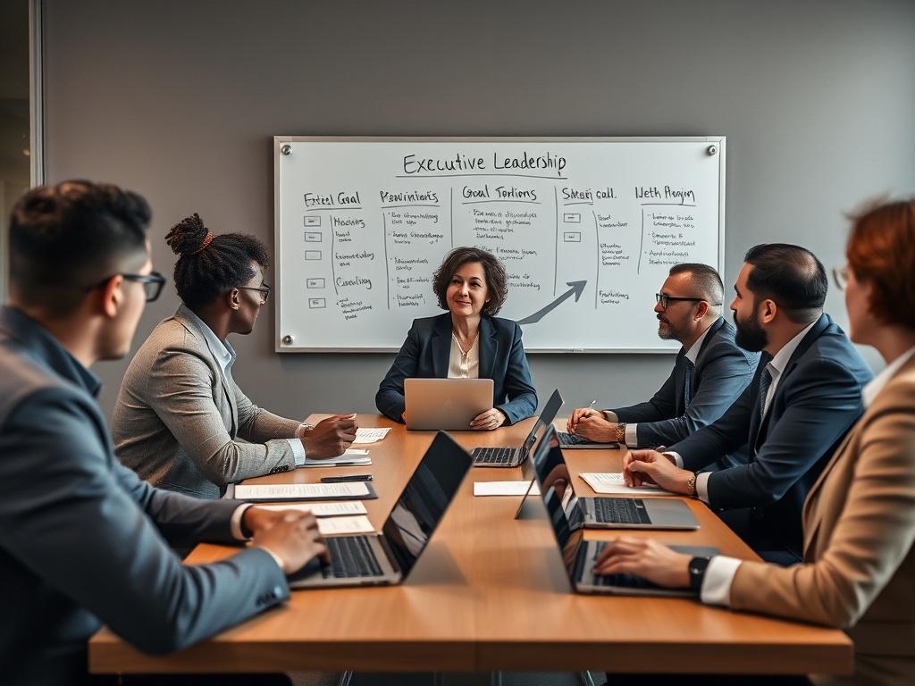 An executive leadership training session in a stylish conference room. Diverse leaders, both men and women, sit around a table engaged in discussion, with a whiteboard filled with strategic goals behind them. A facilitator, an experienced woman in business attire, encourages participation. The scene reflects a dynamic exchange of ideas, with laptops and notepads visible. The composition conveys professionalism and collaboration, shot with a 45mm f/1.2 lens.