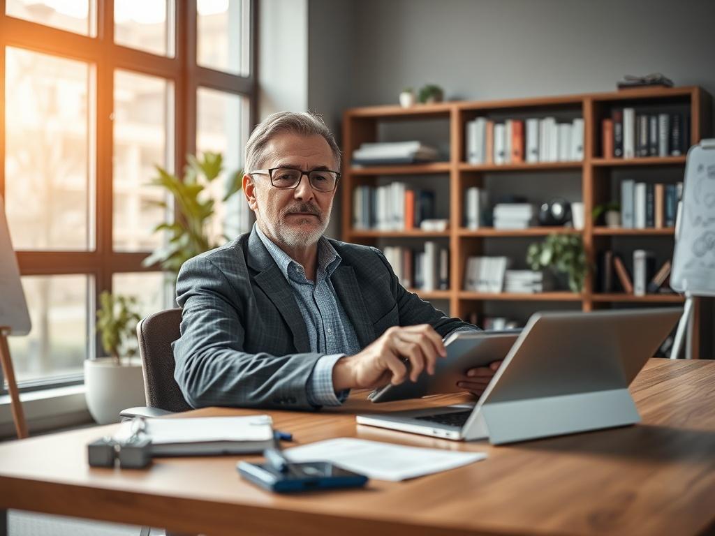 Generate a realistic high-resolution photo that captures the essence of "Transforming Strategy into Daily Execution." The composition should be simple and clear, featuring a single subject: a confident business leader in a modern office setting. The leader, a middle-aged man with a thoughtful expression, should be seated at a sleek wooden desk, actively engaging with a digital tablet or notebook. The background should consist of a contemporary office space with large windows that filter in natural light, il