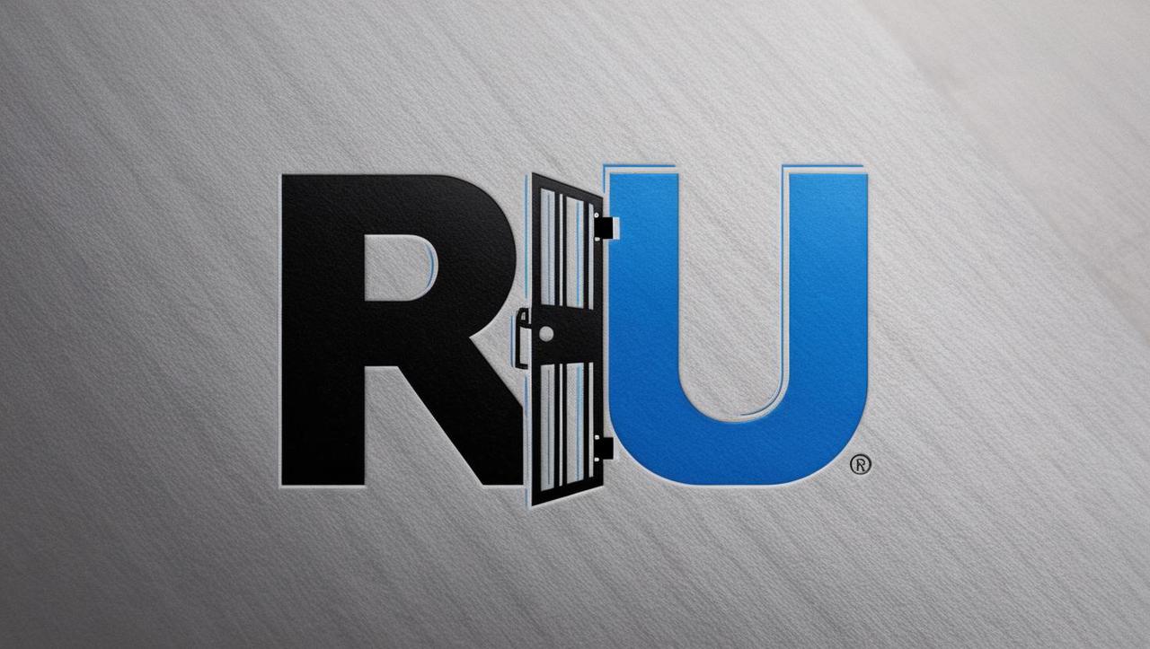 create a logo using the letters ru with open prison doors.   the _u_ subtly designed as an open cell door, the _r_ strong and supportive.  use the colors black and blue..jpg