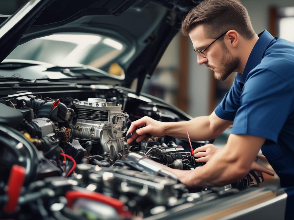 A professional mechanic inspecting a car engine with tools spread