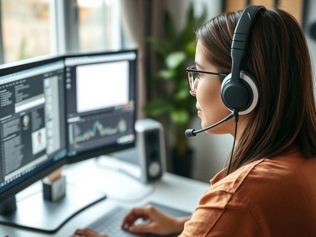 A close up of a person wearing a headset and