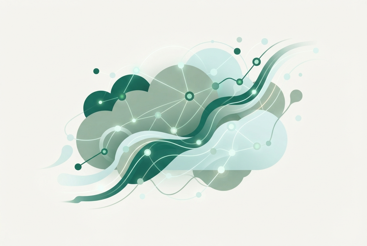 Abstract illustration of cloud infrastructure with interconnected nodes and flowing data streams