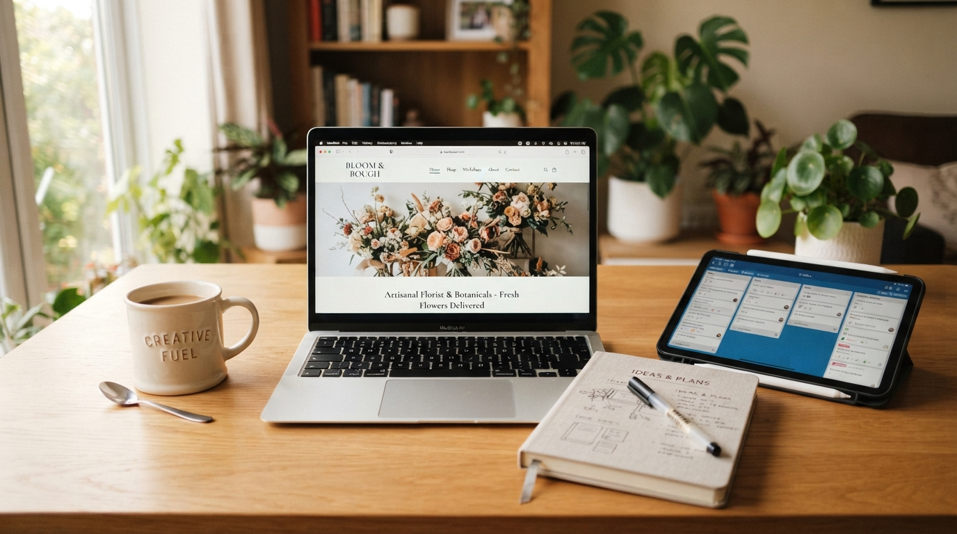Professional workspace with laptop showing website design