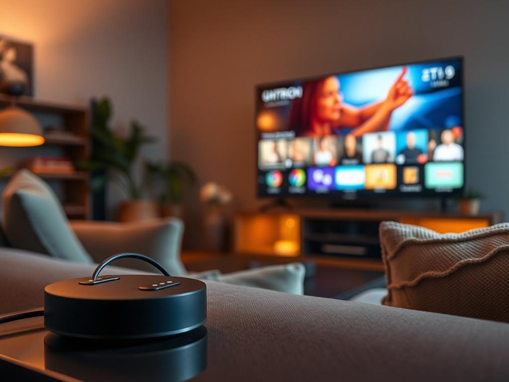 A close-up shot of a modern streaming device with a television in the background, displaying a vibrant streaming interface. The scene is set in a cozy living room environment, showcasing a stylish sofa and warm lighting, emphasizing relaxation and entertainment. The image should capture the essence of modern streaming technology, with a clear focus on the device.