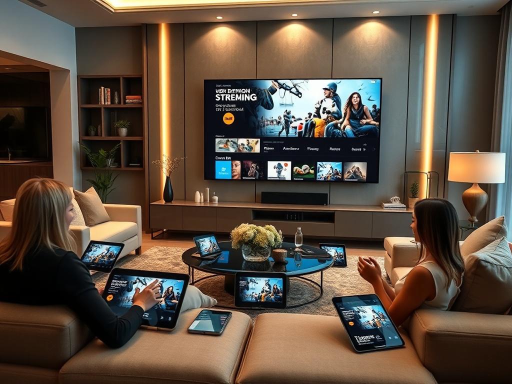 An upscale living room featuring a large screen with a high-definition streaming service displayed. Multiple tablets and smartphones are placed around, all showing the same content. The scene is modern and stylish, with sleek furniture and decorative elements that convey luxury. Soft lighting enhances the ambiance, making the space feel inviting and comfortable. The focus is on the premium viewing experience across multiple devices, emphasizing the freedom of streaming options available.