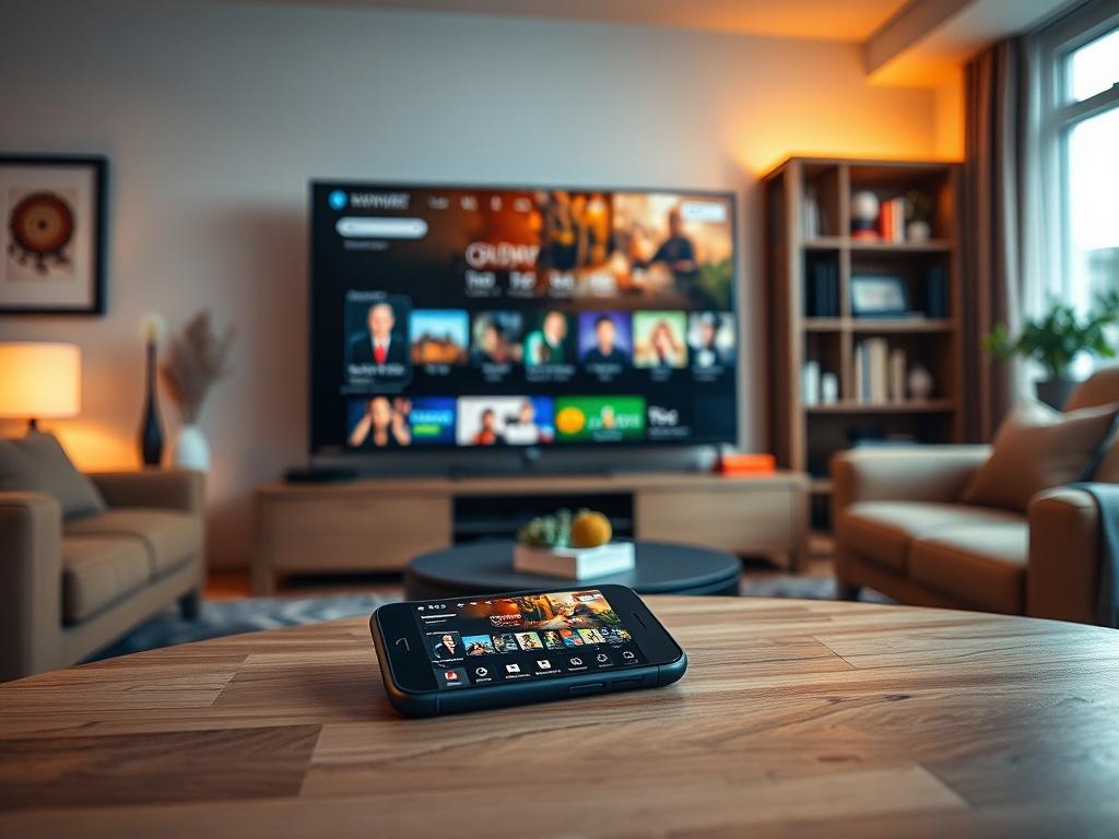 A close-up shot of a modern living room with a large flat-screen TV displaying a streaming service interface. A smartphone rests on a coffee table, showcasing the same streaming service. The room is bright and inviting, with warm lighting, comfortable seating, and decorative elements that suggest a cozy atmosphere. The overall color palette should reflect a modern aesthetic, with an emphasis on rich colors and textures. The focus is on the TV and smartphone to convey the concept of multi-device streaming.
