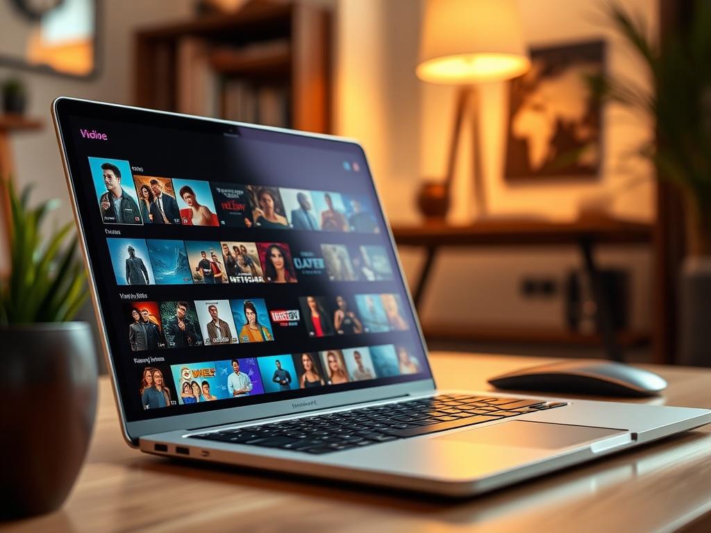 A close-up shot of a laptop displaying a high-definition streaming service interface filled with attractive thumbnails of popular movies and shows. The background should depict a stylish home office, emphasizing a tech-savvy lifestyle. The color palette should incorporate rgb(12, 186, 225) for a modern touch.