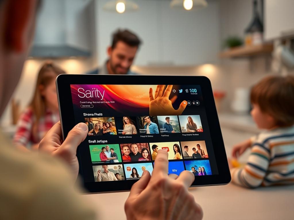 A close-up shot of a tablet displaying a vibrant streaming service app with various show options. The background should show a modern kitchen setting, with a family member enjoying content while cooking. The colors should harmonize with rgb(12, 186, 225), demonstrating a lively environment.
