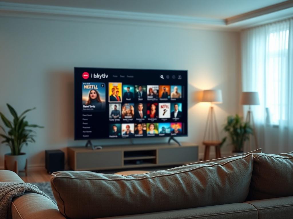 A close-up shot of a smart TV screen displaying a colorful streaming service interface, featuring various movie thumbnails. The background should be a cozy living room with soft lighting, showcasing a comfortable sofa. The overall color scheme should complement the primary color rgb(12, 186, 225), creating an inviting atmosphere.