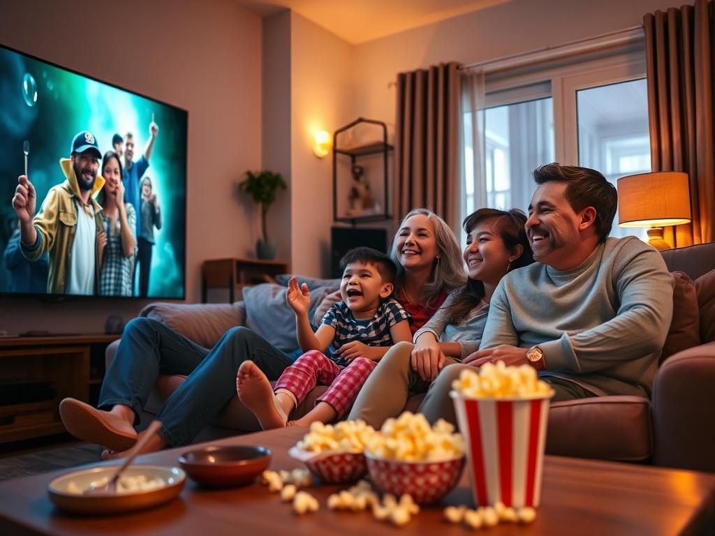A high-resolution image featuring a family gathered on a couch, excitedly watching a movie on a large smart TV. The room is warmly lit, with popcorn and snacks on the coffee table, highlighting a joyful, shared viewing experience.