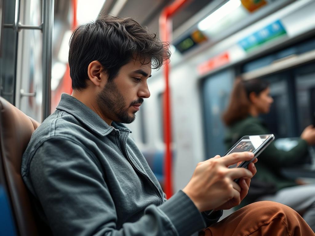 A high-resolution image of a person using a tablet on a train, immersed in a streaming service. The background shows a blurred view of the train interior, emphasizing the convenience of streaming on the go.