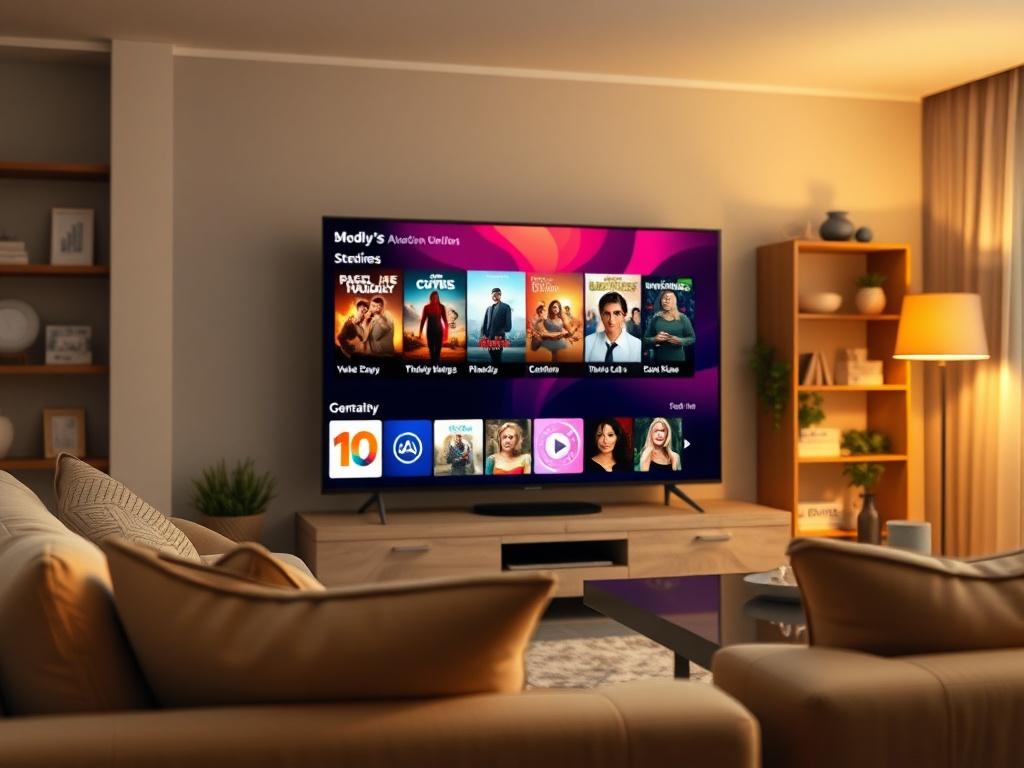 A high-resolution image of a smart TV displaying a vibrant streaming service interface, set in a cozy living room with soft lighting. The focus is on the TV screen, showcasing colorful movie thumbnails, with a comfortable sofa and a coffee table in the background, creating a welcoming atmosphere.
