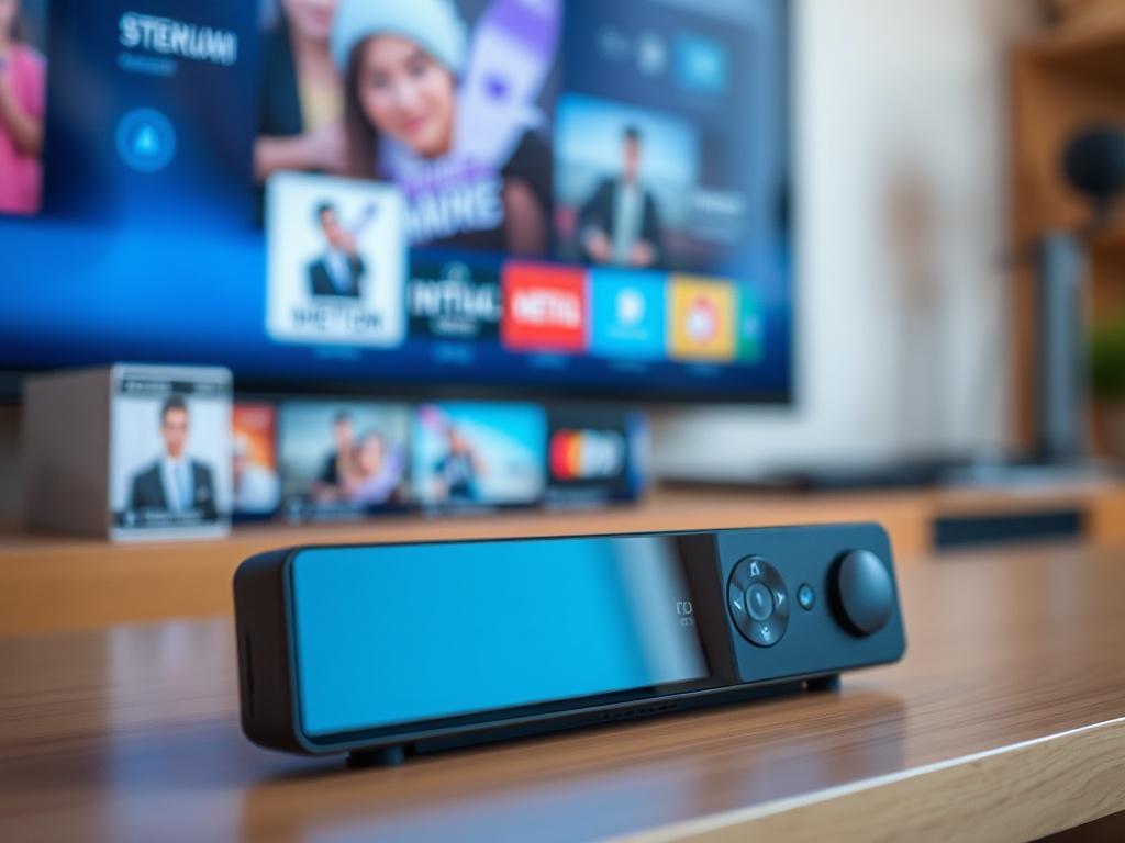 A close up shot of a modern, sleek streaming device
