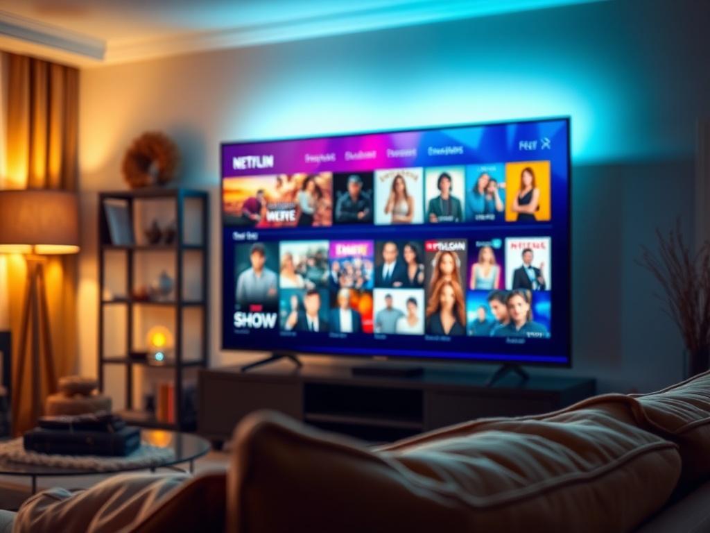 A realistic high-resolution close-up of a TV screen displaying a vibrant streaming interface with various show thumbnails. The screen is set in a cozy living room environment, softly lit, featuring a comfortable couch and warm decor. The image should emphasize the clarity and richness of the streaming service, showcasing the quality of the viewing experience.