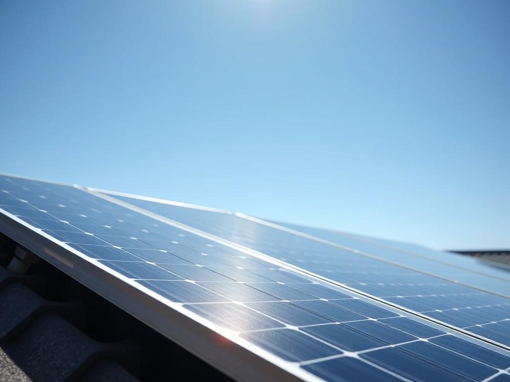 A close-up shot of a modern solar panel installation on a rooftop, showcasing its sleek design and texture. The background features a clear blue sky, emphasizing the renewable energy aspect. The image captures the sunlight reflecting off the solar panels, highlighting their functionality and innovation. Shot with a 45mm f/1.2 lens to create a shallow depth of field, focusing sharply on the solar panel, while the background remains softly blurred.