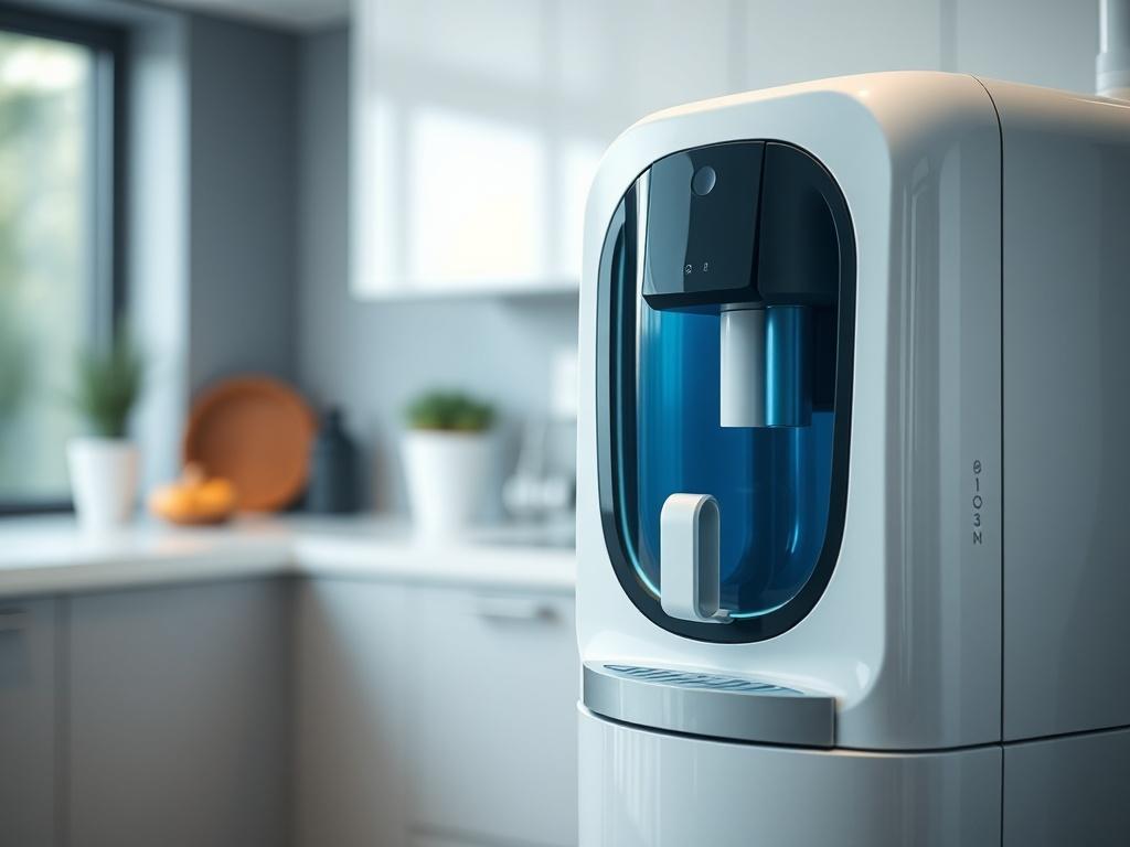 A close-up image of a sleek water purification unit, showcasing its innovative design and clean lines. The background features a modern kitchen environment, emphasizing the unit's suitability for home use. The lighting highlights the glistening surface of the purification system, creating an inviting and hygienic atmosphere. Captured with a 45mm f/1.2 lens to focus on the unit while softly blurring the kitchen background, enhancing the attention on the product.