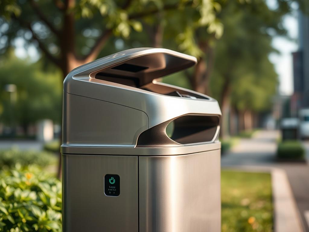 A close-up shot of a modern smart waste bin equipped with sensors and a sleek design. The background shows a green urban environment, emphasizing sustainability and eco-friendliness. The image captures the details of the bin, including its interactive features, against a blurred backdrop of trees and pathways, shot with a 45mm f/1.2 lens to focus on the product while creating a soft bokeh effect.