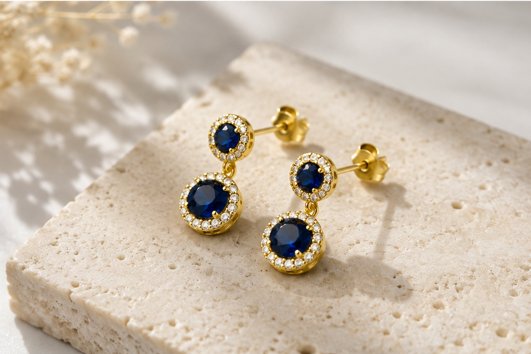 Gold Sapphire Round Earrings