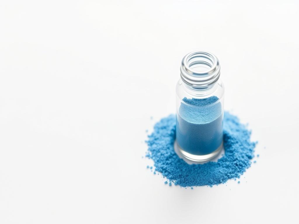 A clean, minimalist vial containing a fine blue powder, displayed