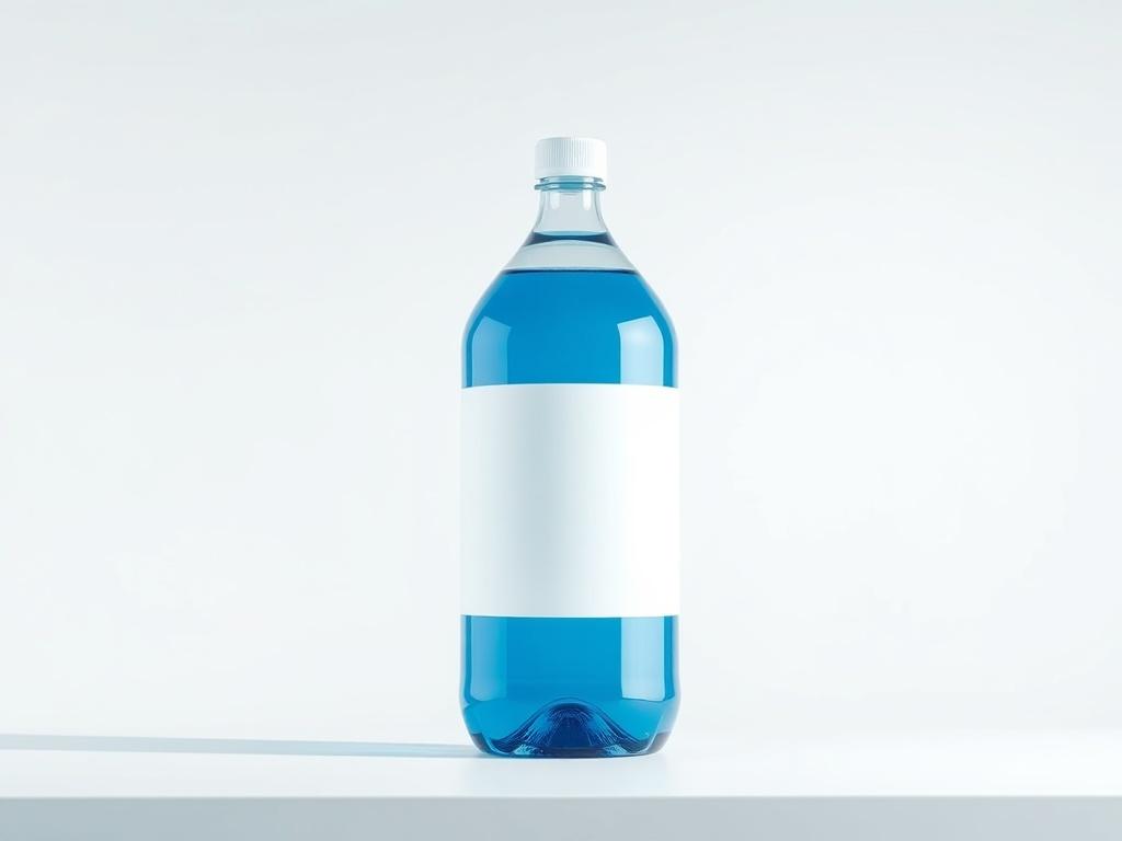 A large bottle of clear blue liquid, displayed in a