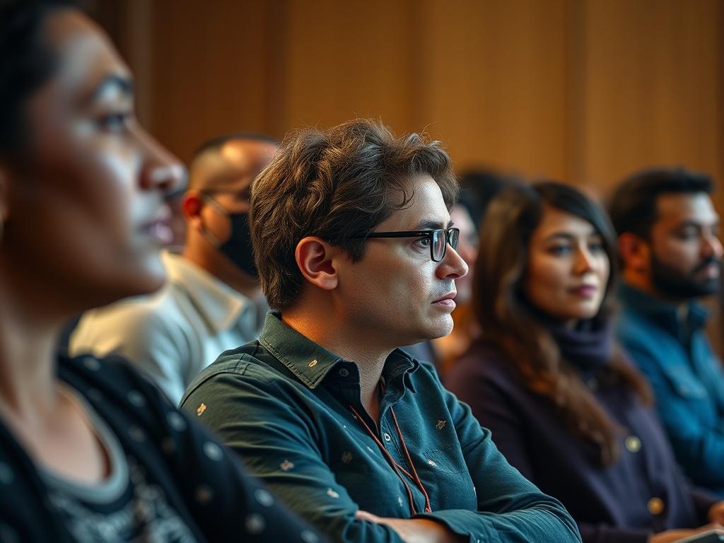 A close-up shot of a group of diverse individuals engaged in a seminar setting, capturing their focused expressions and interactions. The background is softly blurred to emphasize their involvement, with warm, inviting colors that complement the primary color #C31755. The image should reflect a sense of community and learning.