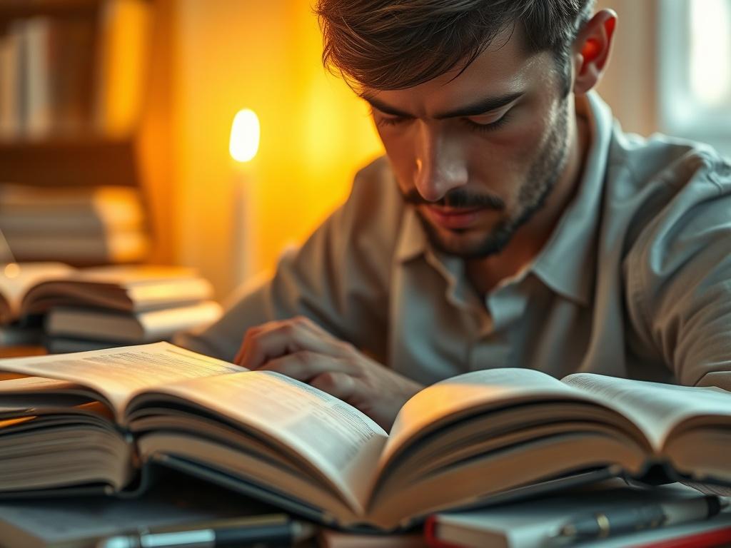 A close-up shot of an individual immersed in prayer, surrounded by open Bibles and spiritual resources. The setting is serene and contemplative, with soft lighting casting a warm glow. The focus is on the person's expression, reflecting deep connection and introspection. The background is blurred to emphasize the subject, and the image captures the essence of spiritual engagement, rendered in hyper-realistic detail, shot with a 45mm f/1.2 lens.