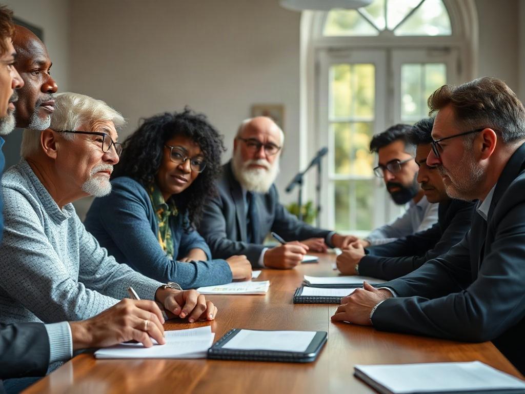 A close-up shot of a diverse group of church leaders engaged in a discussion, highlighting expressions of concern and collaboration. The setting is a well-lit conference room with a wooden table and notepads scattered around. Natural light filters through the window, creating a warm, inviting atmosphere. The focus is on the leaders' faces, showing their commitment to resolving conflicts, with a soft, blurred background that enhances the emotional connection.
