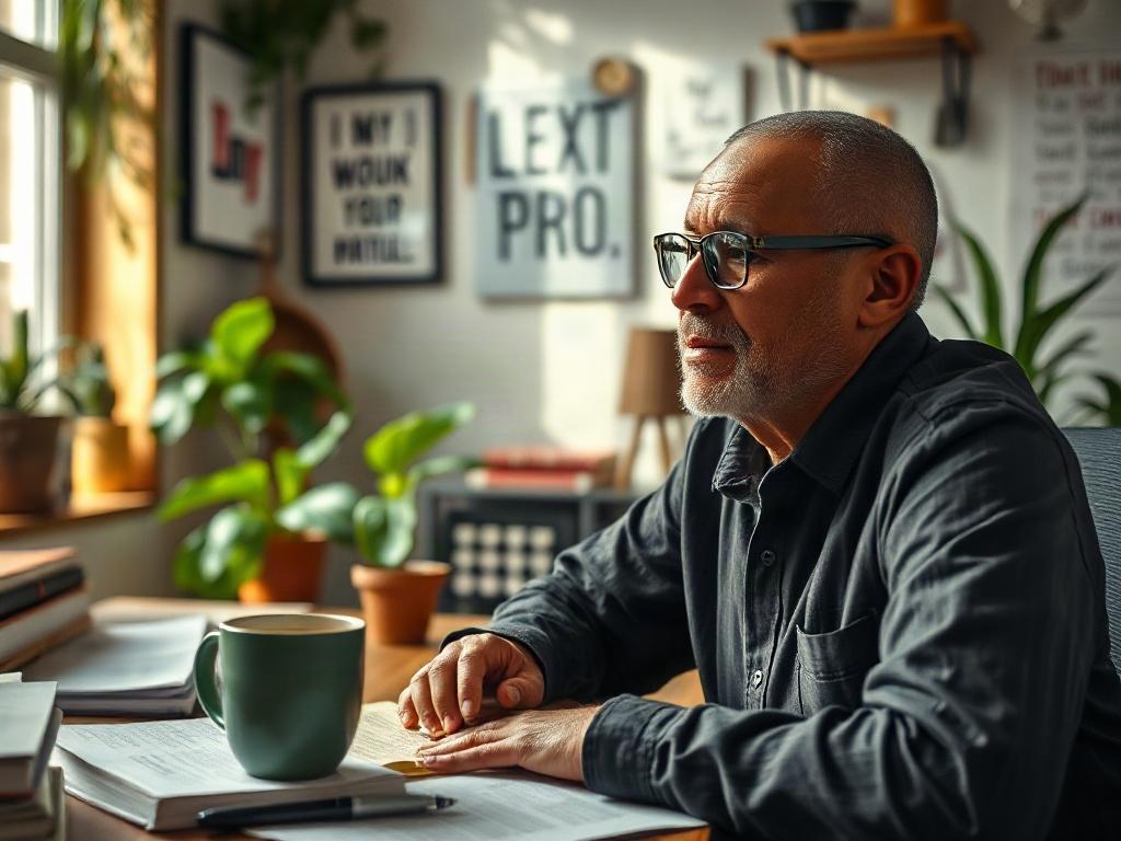 A close-up shot of a contemplative church staff member sitting at a desk with a coffee cup, surrounded by motivational books and notes. The setting is a cozy office space filled with natural light, plants, and inspirational quotes on the wall. The focus is on the individual’s thoughtful expression, capturing the essence of reflection and self-care, with a softly blurred background that emphasizes the importance of mental well-being.