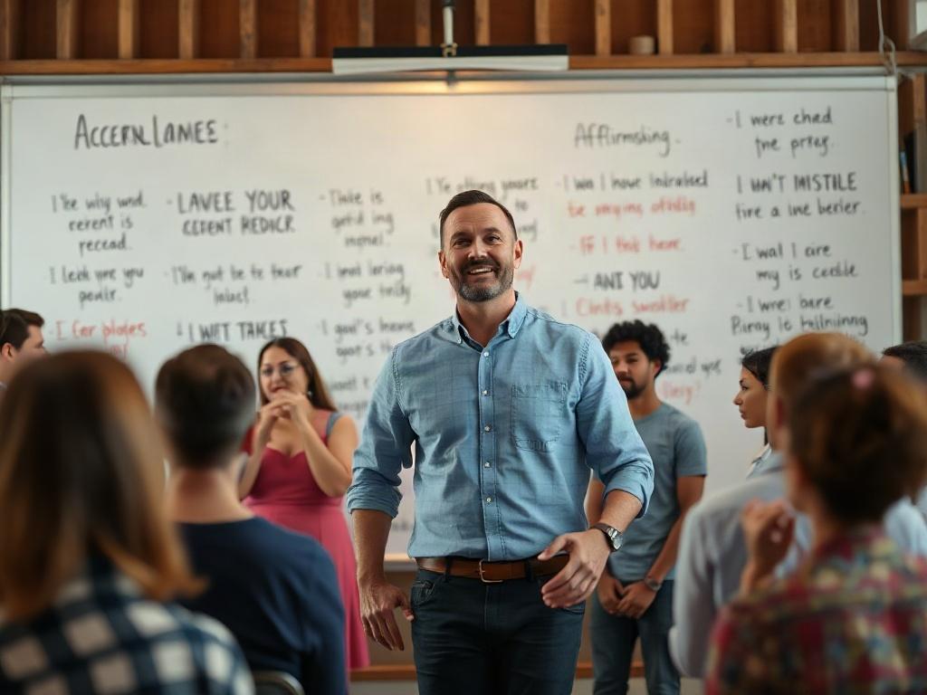 A close-up shot of a confident church leader standing in front of a whiteboard filled with affirmations and encouraging quotes. The setting is a bright, engaging workshop space, filled with participants listening attentively. The focus is on the leader’s expression of confidence and passion, creating an atmosphere of empowerment and motivation, with a softly blurred background that highlights the dynamic interaction in the room.