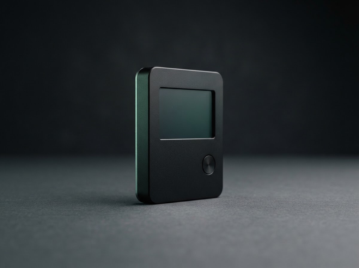 A complete black hardware wallet shown upright in a softly lit studio setting