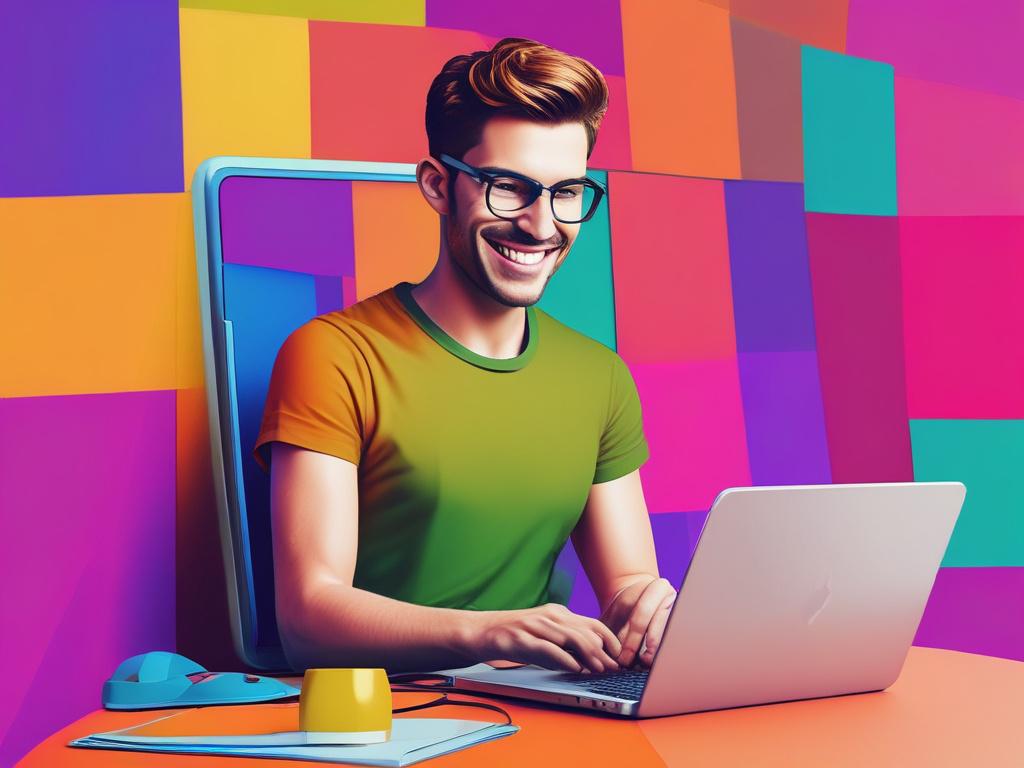 A photorealistic depiction of a user happily browsing Fansly content