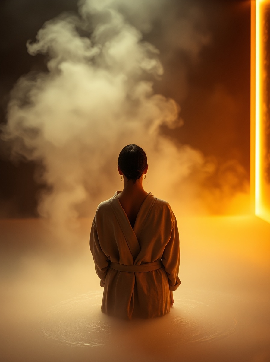 Cinematic photograph of steam rising from hot water with person in linen robe, warm golden lighting illuminating thermal currents