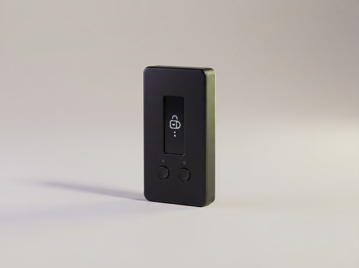 A dark, compact hardware wallet device shown as a neutral product illustration