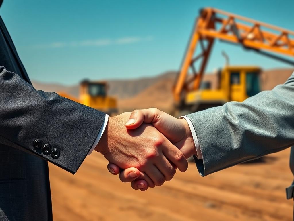 A hyper-realistic close-up of a business handshake between two partners, symbolizing a new partnership in the chrome industry. The background should subtly depict a chrome mining site with machinery in operation, illustrating the collaborative nature of the partnership. The focus should be on the hands and expressions of the individuals, conveying trust and opportunity.
