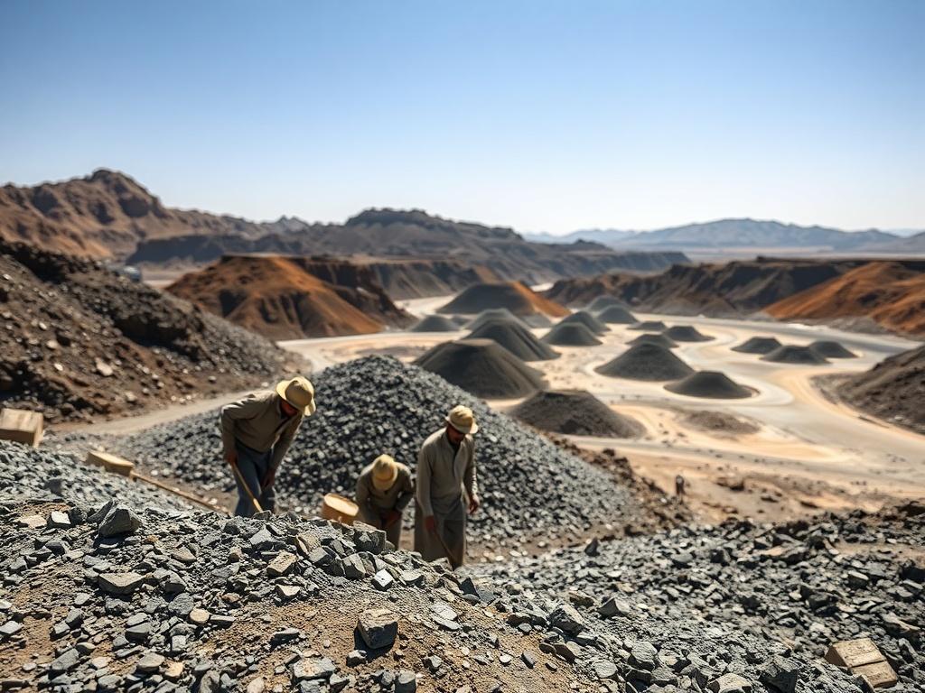 A realistic high-resolution image capturing the essence of chrome mining operations in Pakistan. The foreground should feature workers engaged in mining activities, with chrome ore piles in the background. The landscape should depict the rugged terrain of the mining region, under a bright blue sky, highlighting the scale and potential of the mining activities.