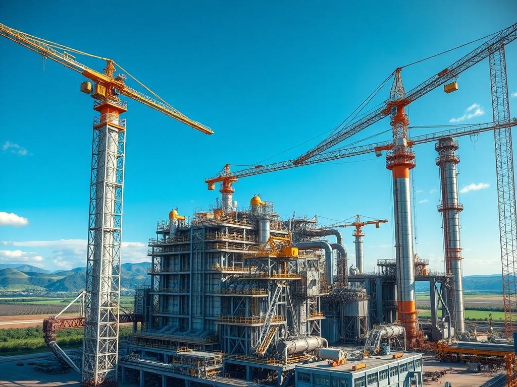 A hyper-realistic close-up shot of a modern ferrochrome plant under construction, showcasing advanced machinery and sustainable design elements. The background features blue skies and green landscapes, symbolizing environmental responsibility. The image should emphasize the plant's sleek, industrial architecture, with a focus on the intricate details of the machinery.