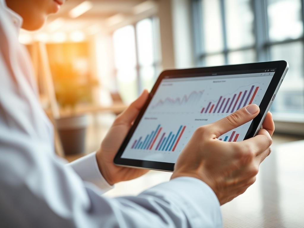 A hyper-realistic close-up of a business professional analyzing sales data on a tablet, with a focus on charts and graphs displaying upward trends. The background is a modern office environment, softly blurred to emphasize the subject, with natural lighting creating a professional atmosphere. The photo should evoke a sense of innovation and efficiency in sales.