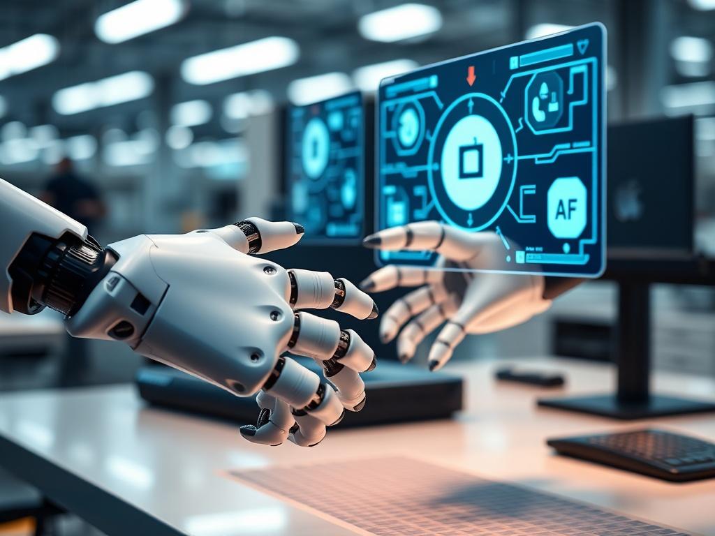 A close up shot of robotic hands interacting with digital