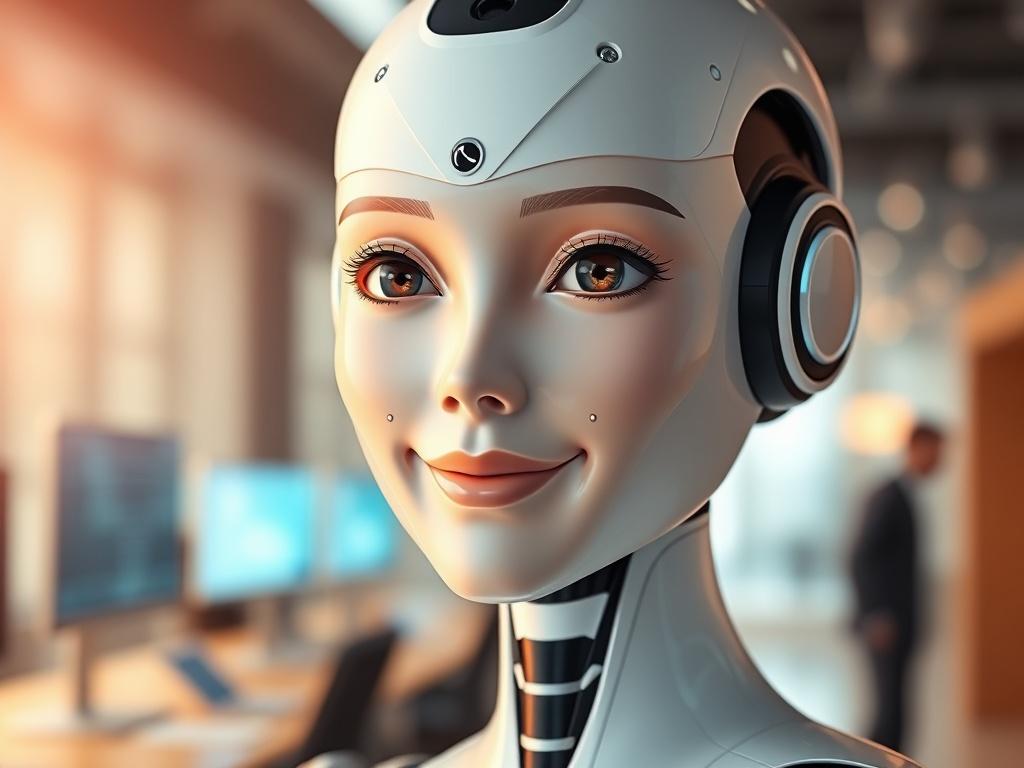 A hyper-realistic close-up shot of a digital AI avatar representing an AI employee. The avatar should appear friendly and professional, with a modern, sleek design. The background should be a soft-focus office environment, conveying a sense of advanced technology and innovation. The lighting should be warm and inviting, highlighting the AI's features and creating a welcoming atmosphere.