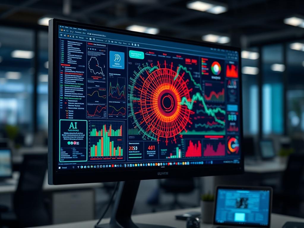 A hyper-realistic close-up shot of a computer screen displaying complex AI algorithms and data visualizations, with a focused background of a modern office environment. The scene should convey innovation and technology, showcasing a single subject: the screen with vibrant colors and intricate patterns, shot with a 45mm f/1.2 lens.