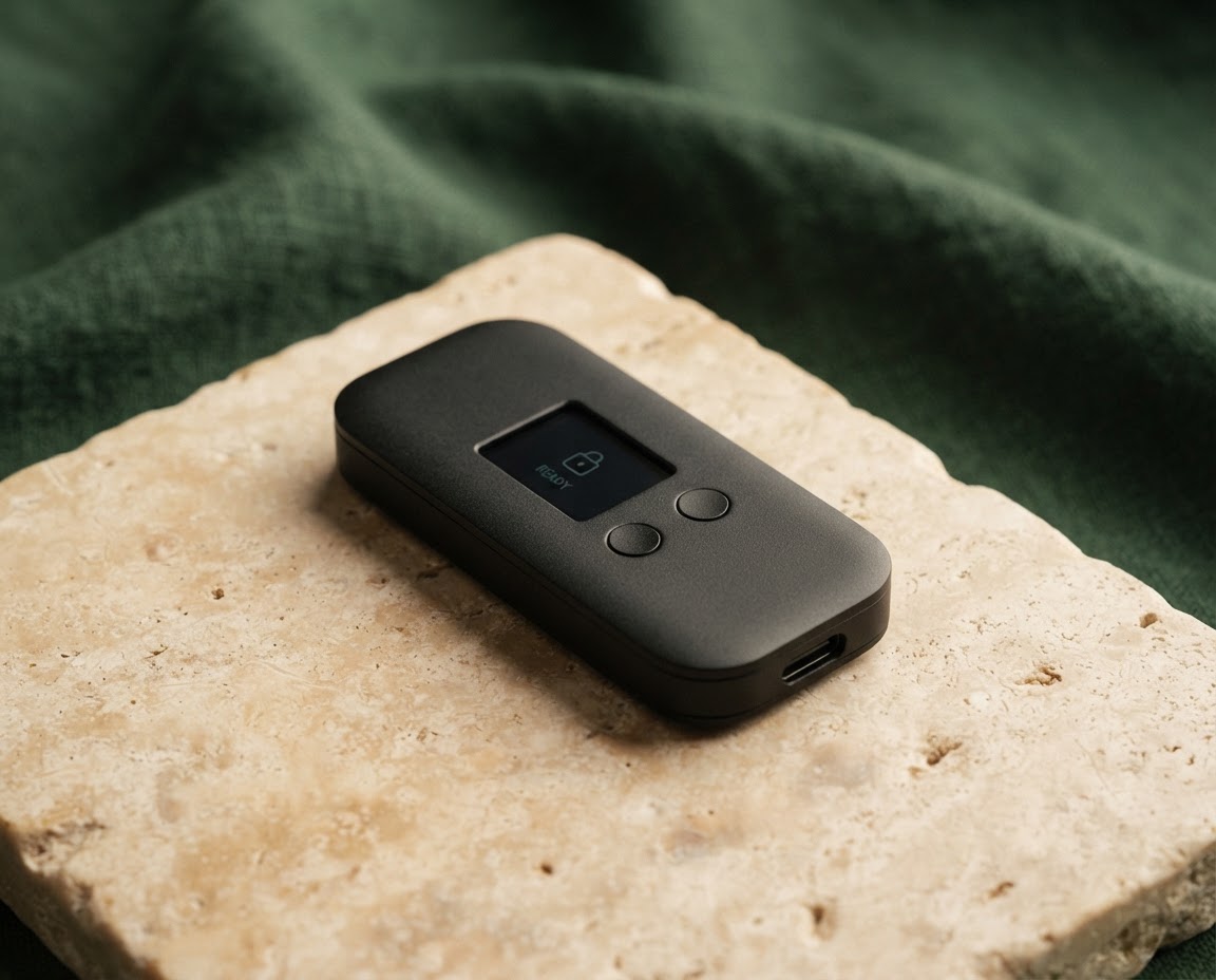A compact black hardware wallet resting on a warm stone display against a deep green backdrop