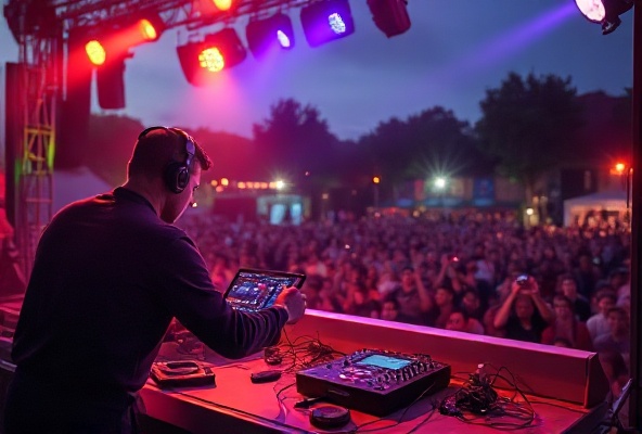 DJ achter de turntables met lichten