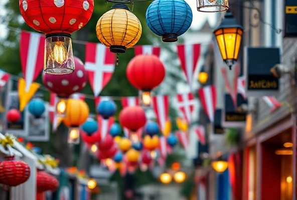 Kleurrijke festivalversieringen en lichtjes